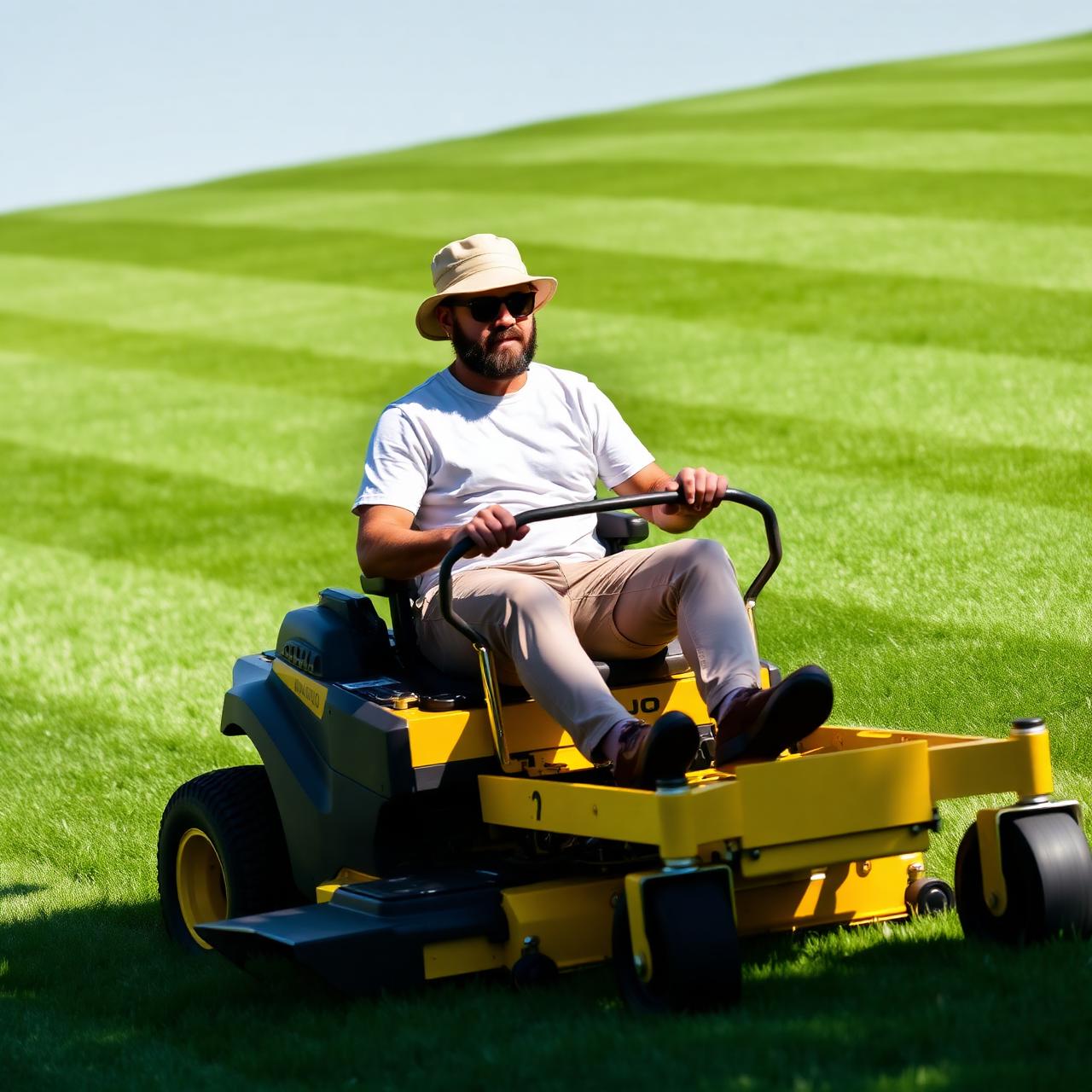 Charles riding a yellow zero-turn mower